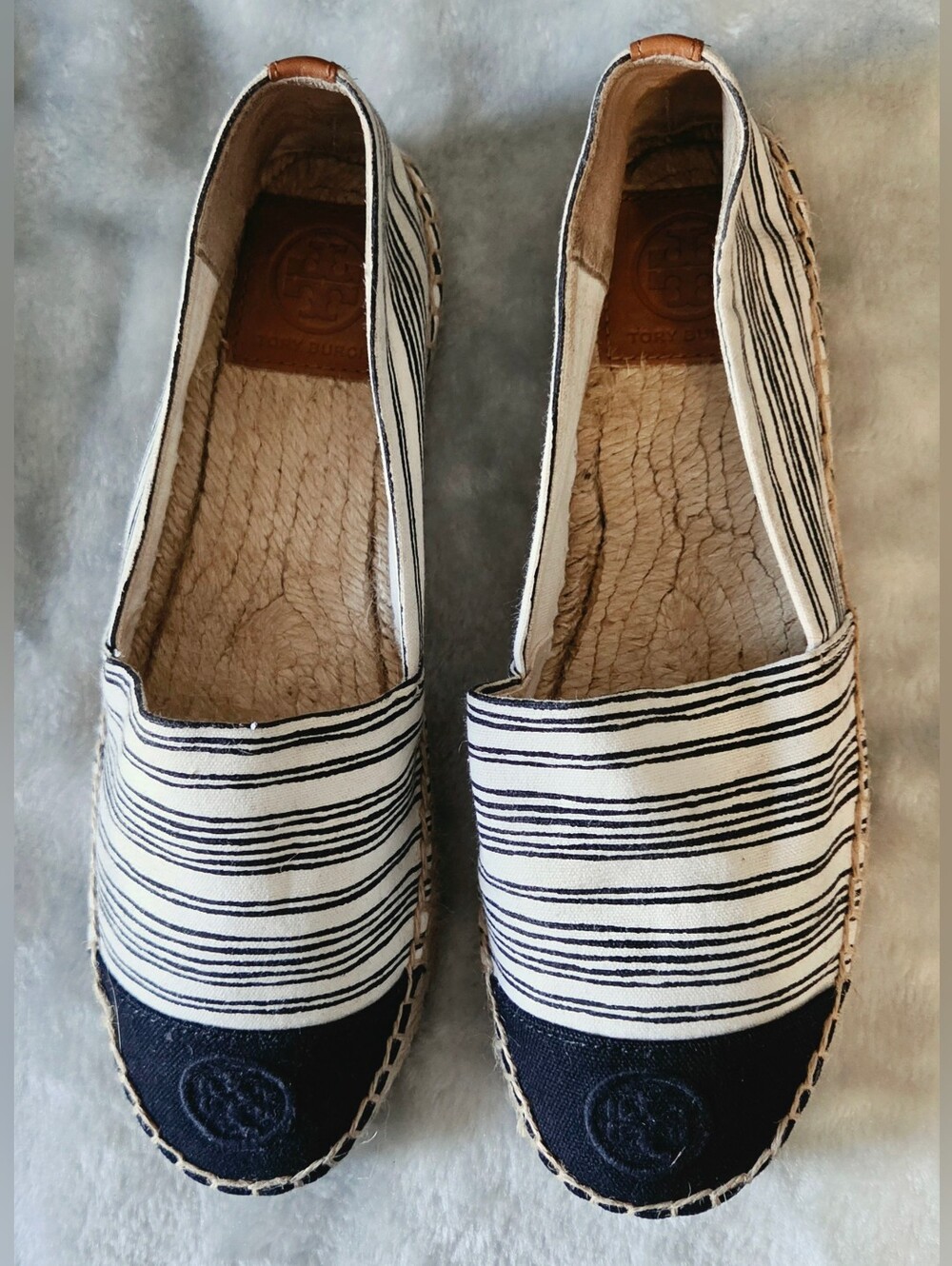 Tory Burch Black and White Striped Canvas Espadrille
